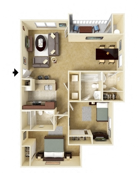 Floor plan for 2 beds, 2.5 baths, 1026 sqft